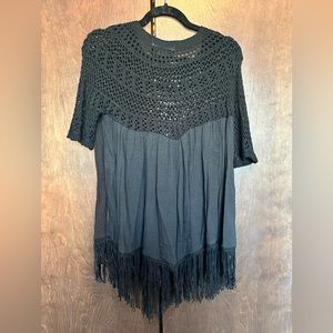 Black Partly Knit Flowy Short Sleeve Top
